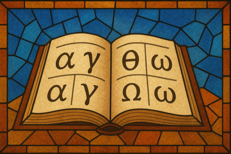 Learn Koine Greek stained glass Bible illustration